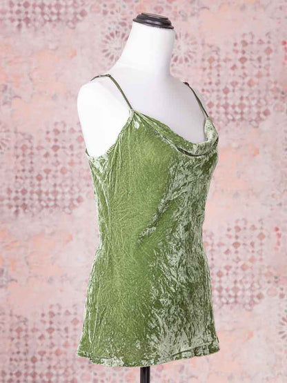 Side view of silk velvet moss green cowl neck cami