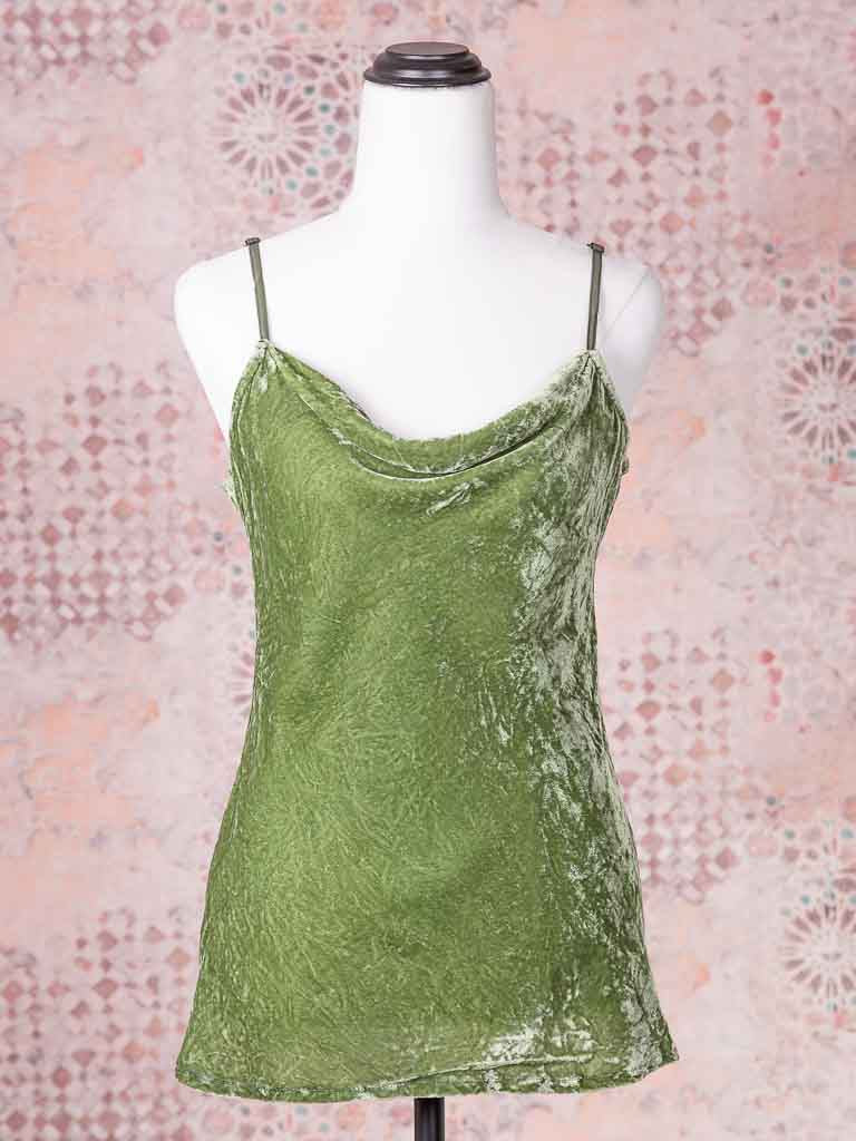 Sumptuous silk velvet in a soft moss green colour. Flattering cowl neck style, adjustable straps