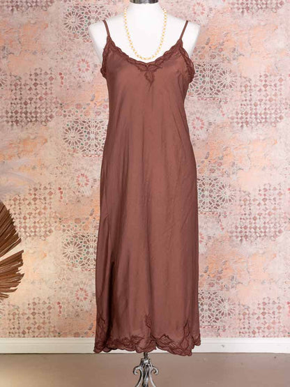 silk/linen slip in cocoa brown with embroidered edges