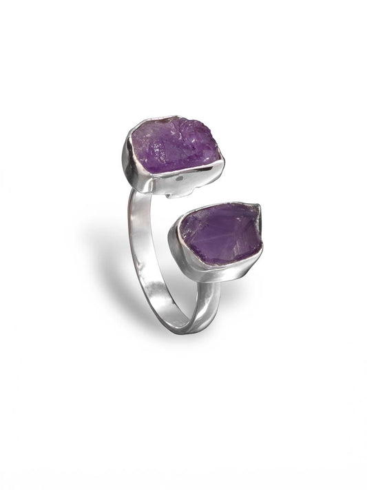 Silver ring with double setting of amethyst