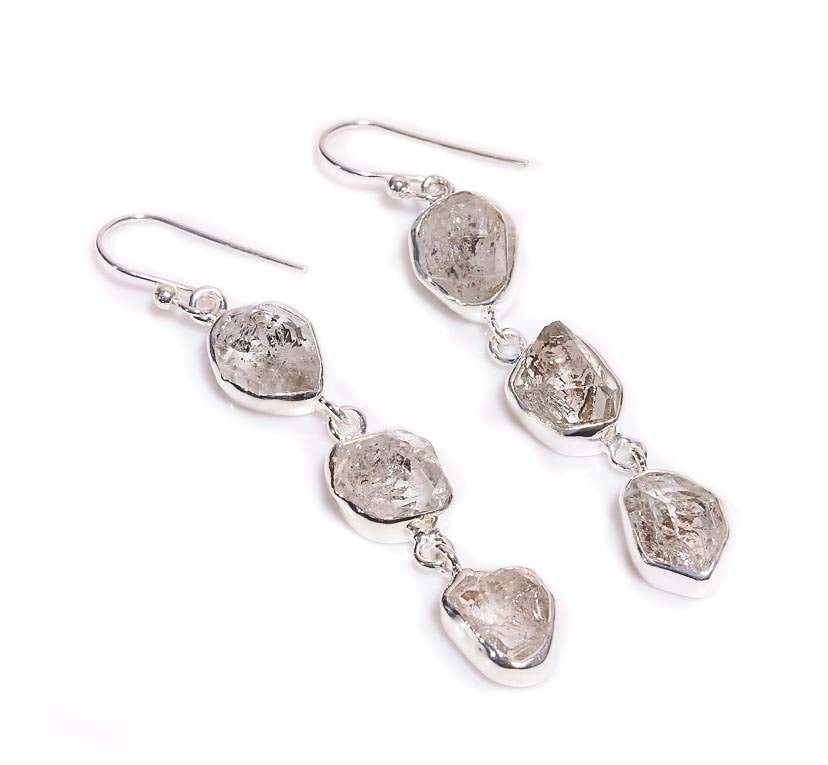 Silver Earring Triple Drop Herkimer Diamond