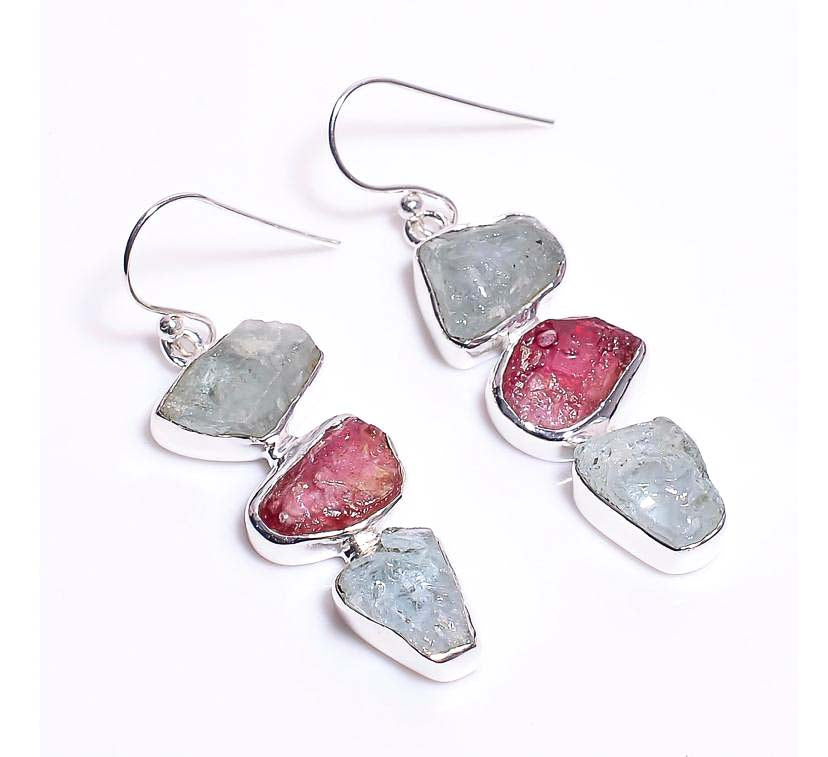Silver Earring Triple Drop Ruby, Aqua-Marine