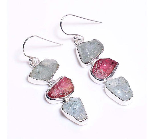 Silver Earring Triple Drop Ruby, Aqua-Marine