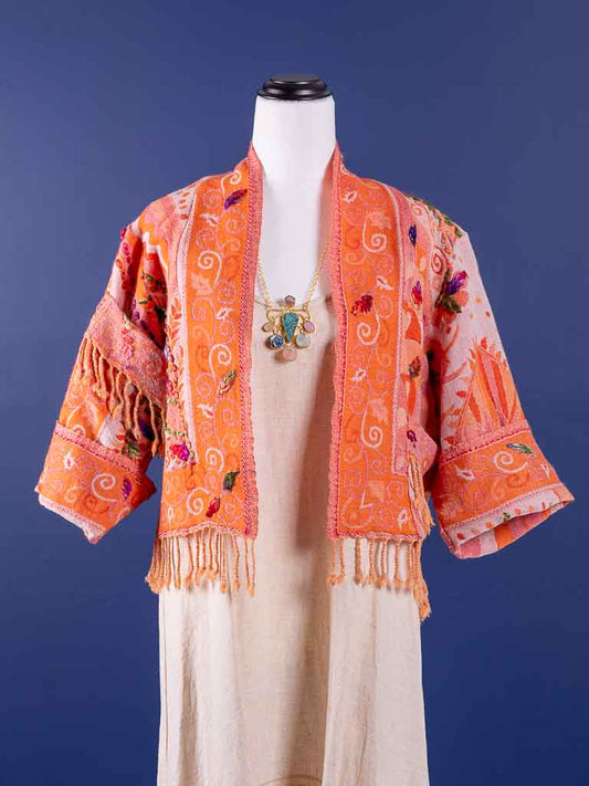 Kashmiri soft fringed wool jacket. Orange Blossom. Size 12