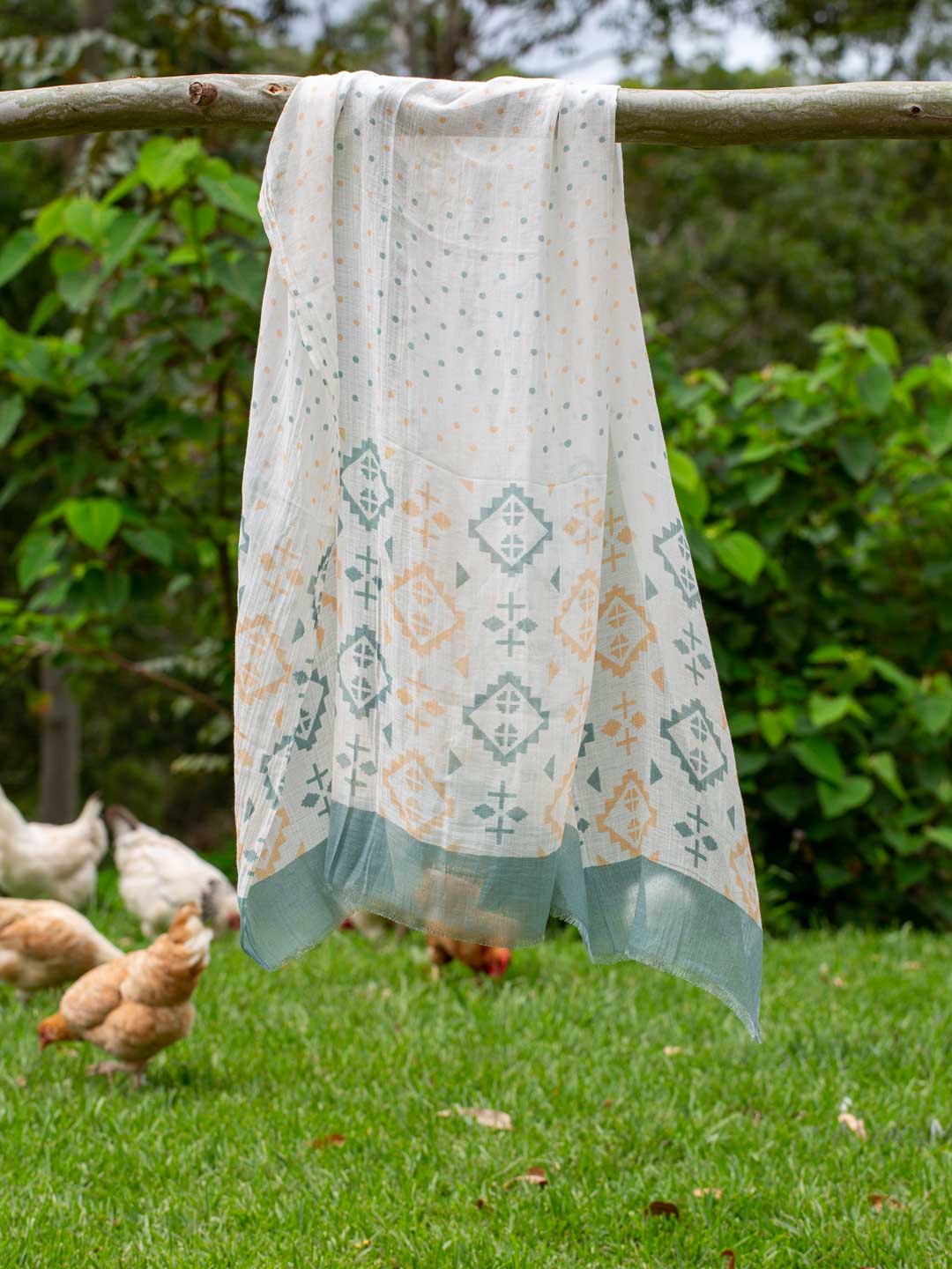 Light weight white silk cotton scarf with pattern
