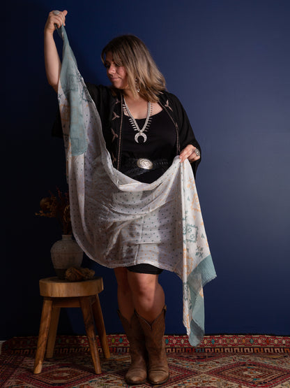 Light weight white silk cotton scarf with pattern