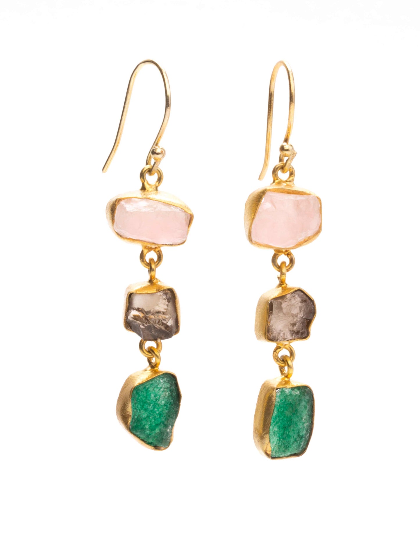 Gold Luxe earrings - triple drop gems rose quartz, smokey quartz & aventurine