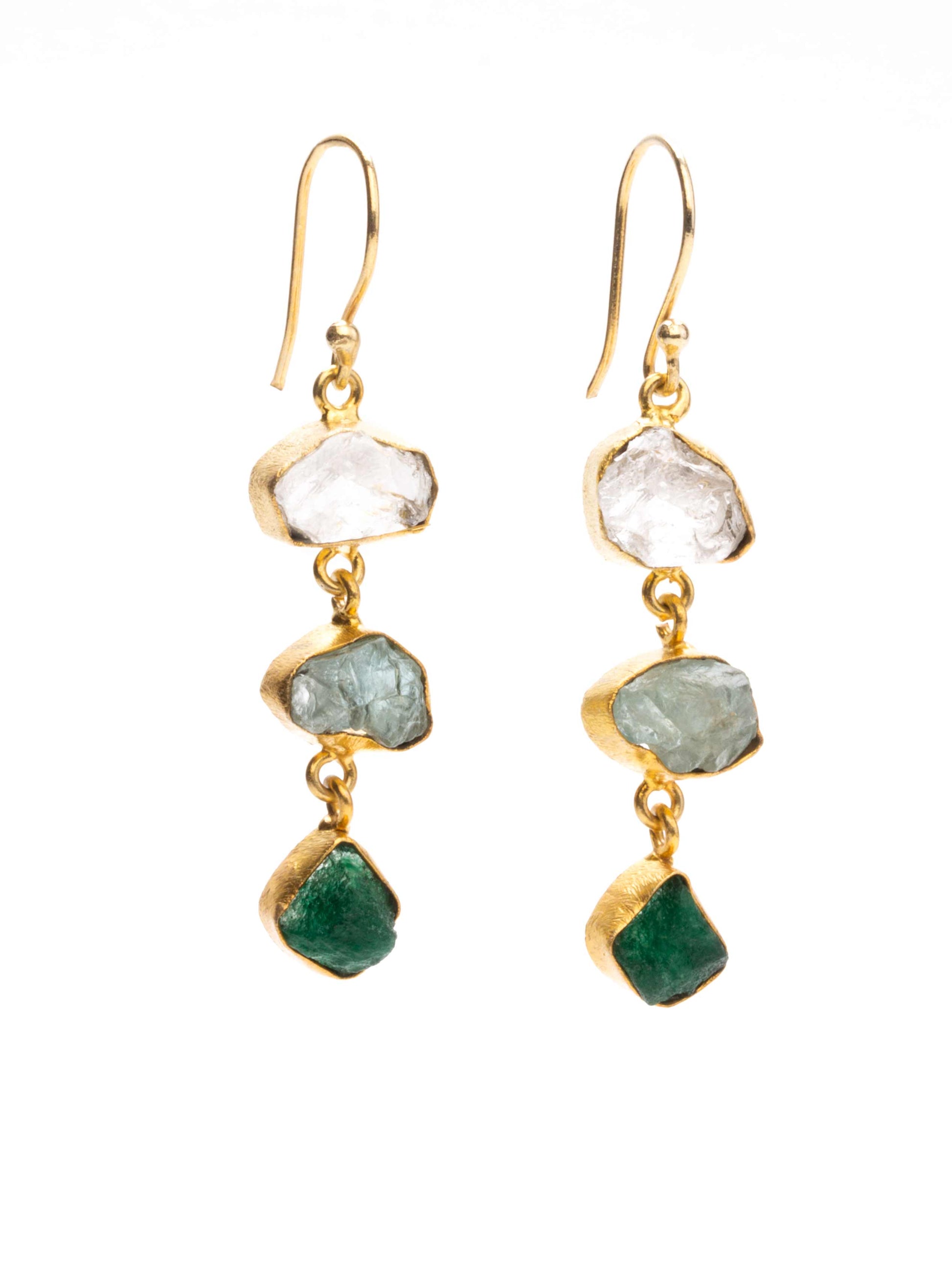 Gold Luxe earrings - triple drop gems quartz, aqua marine & aventurine