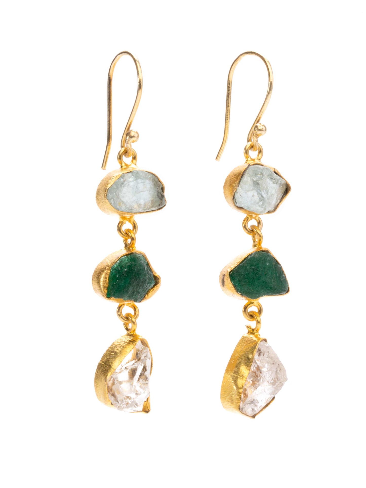 Gold Luxe earrings - triple drop gems aqua marine, aventurine  & quartz