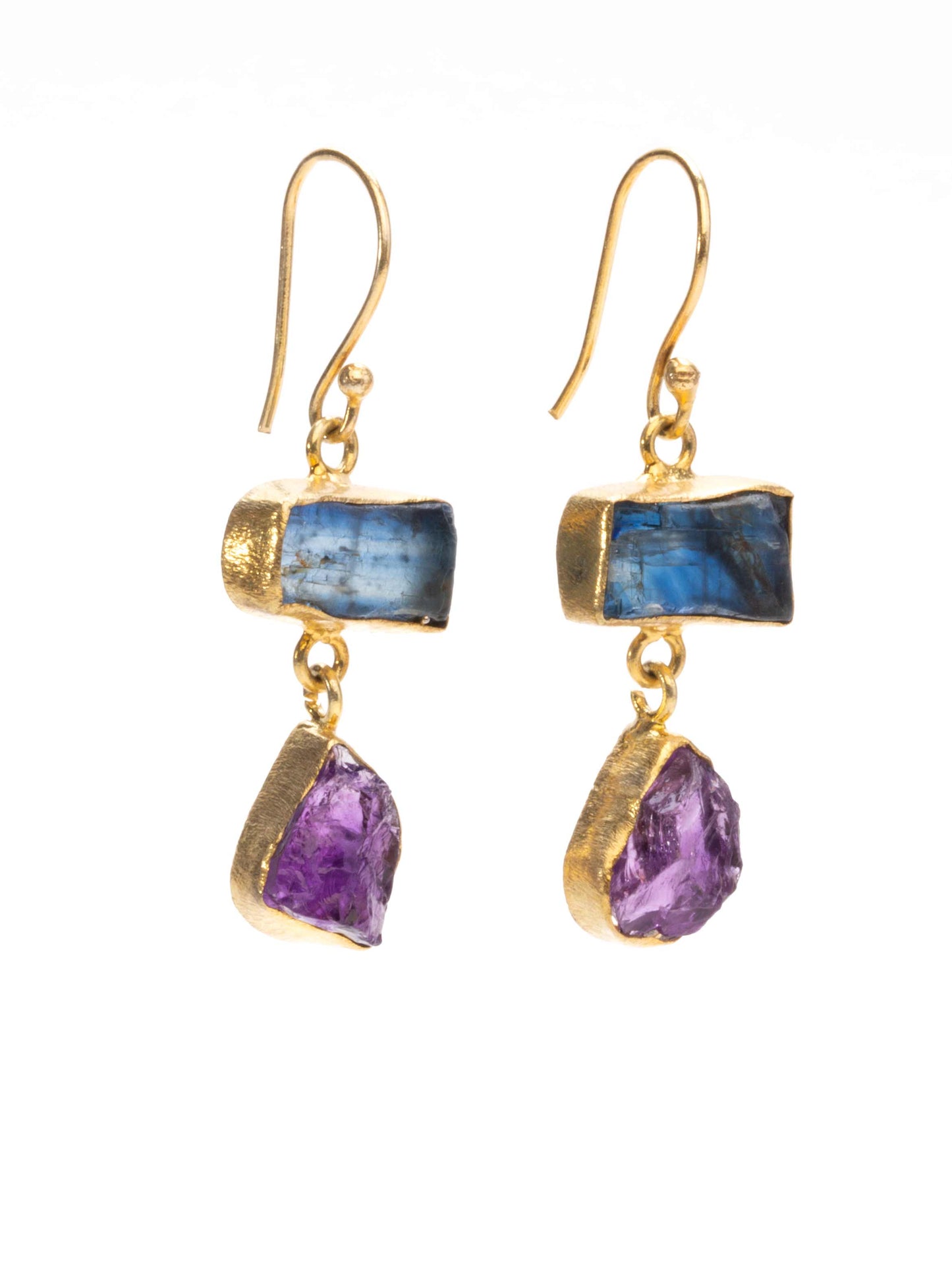 Gold Luxe earrings - Blue  kyanite & amethyst double drop dangles