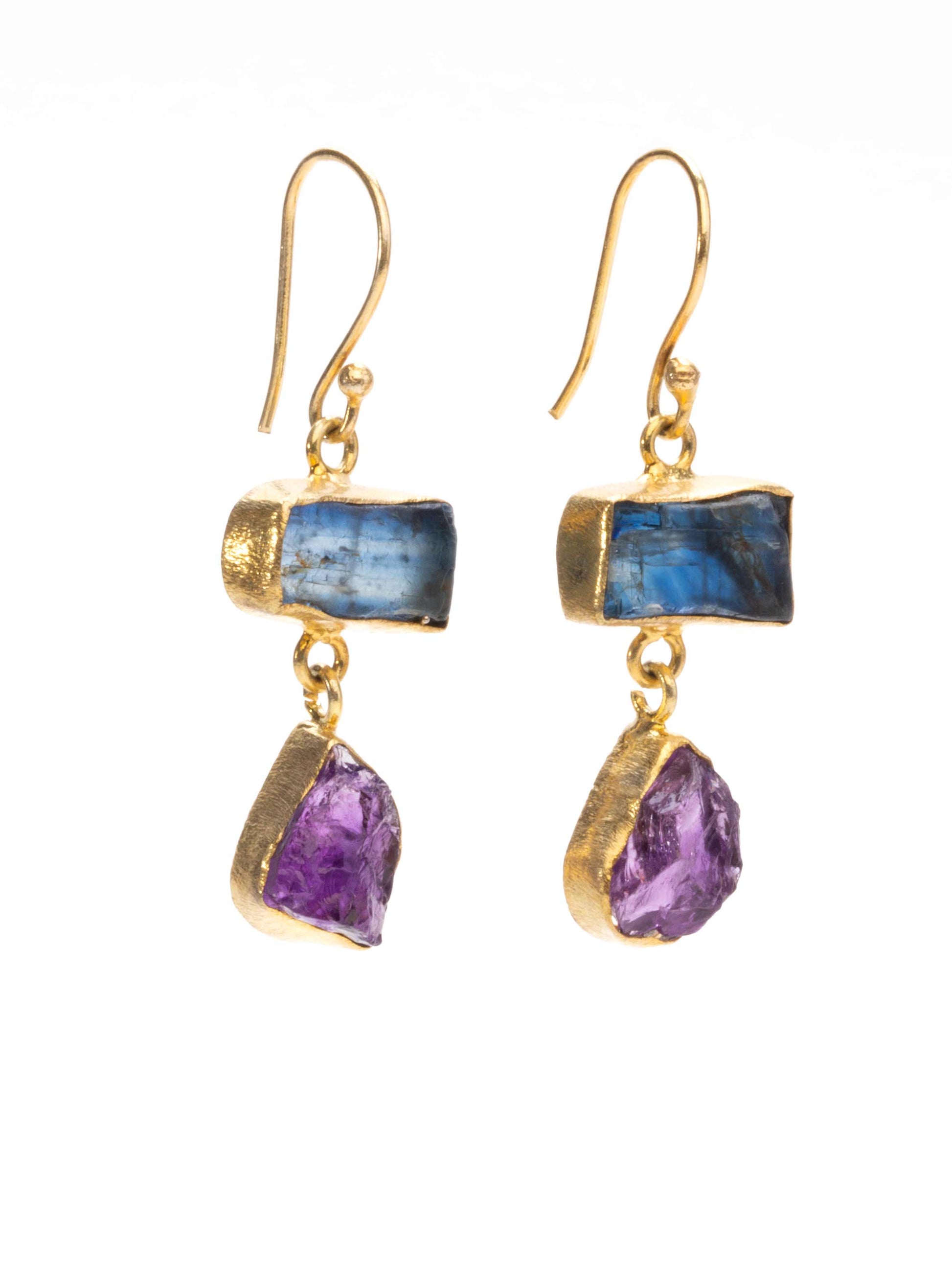 Gold Luxe earrings - Blue  kyanite & amethyst double drop dangles
