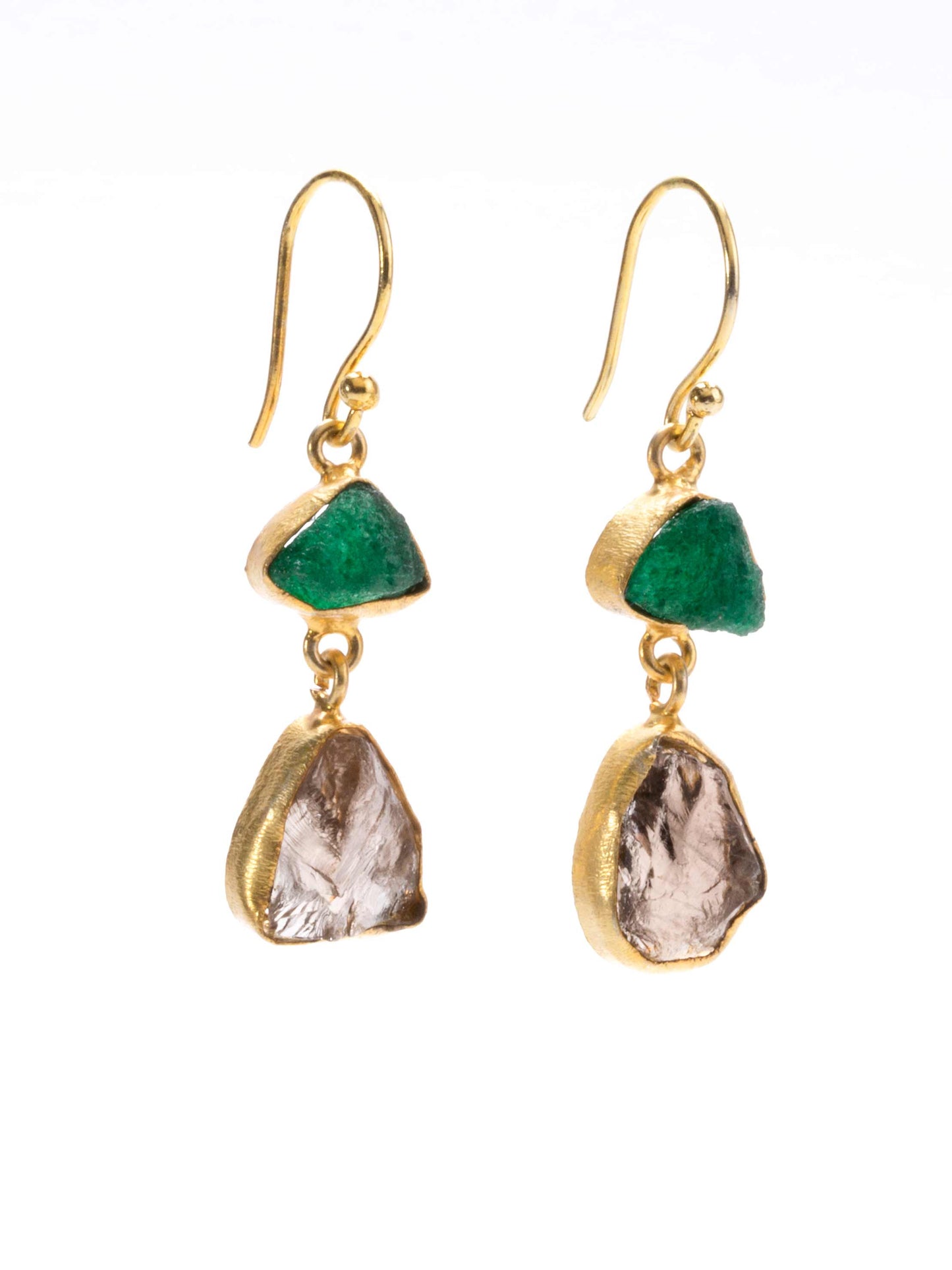 Gold Luxe earrings - aventurine and smokey quartz double drop dangles