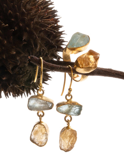 Double gem stone adjustable gold ring aquamarine and citrine