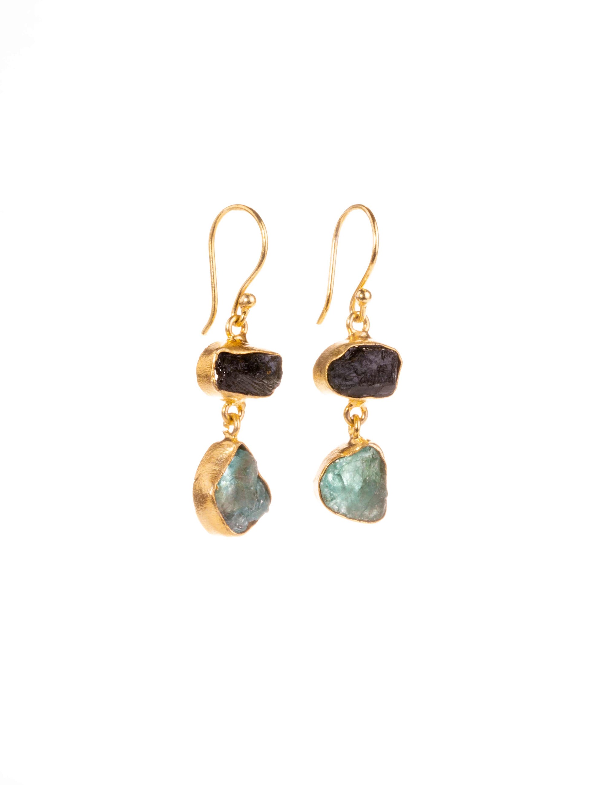 Gold Luxe earrings -  tourmaline and sky apatite double drop dangles