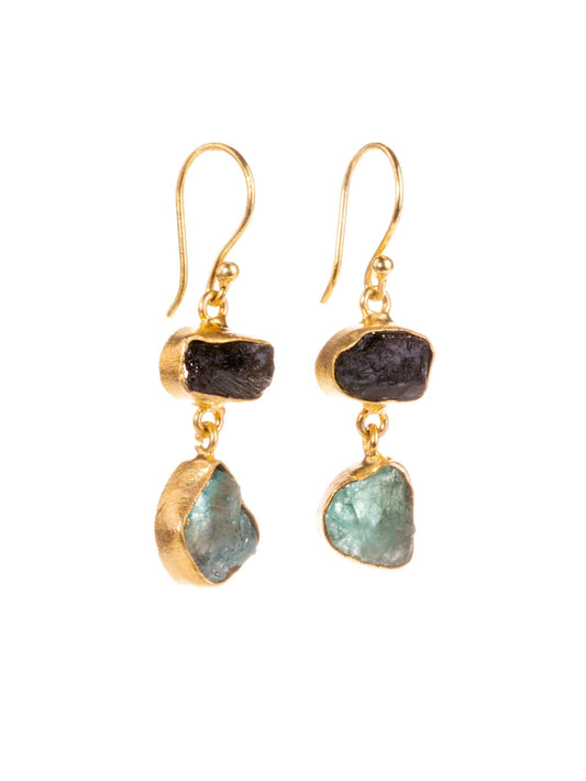 Gold Luxe earrings -  tourmaline and sky apatite double drop dangles