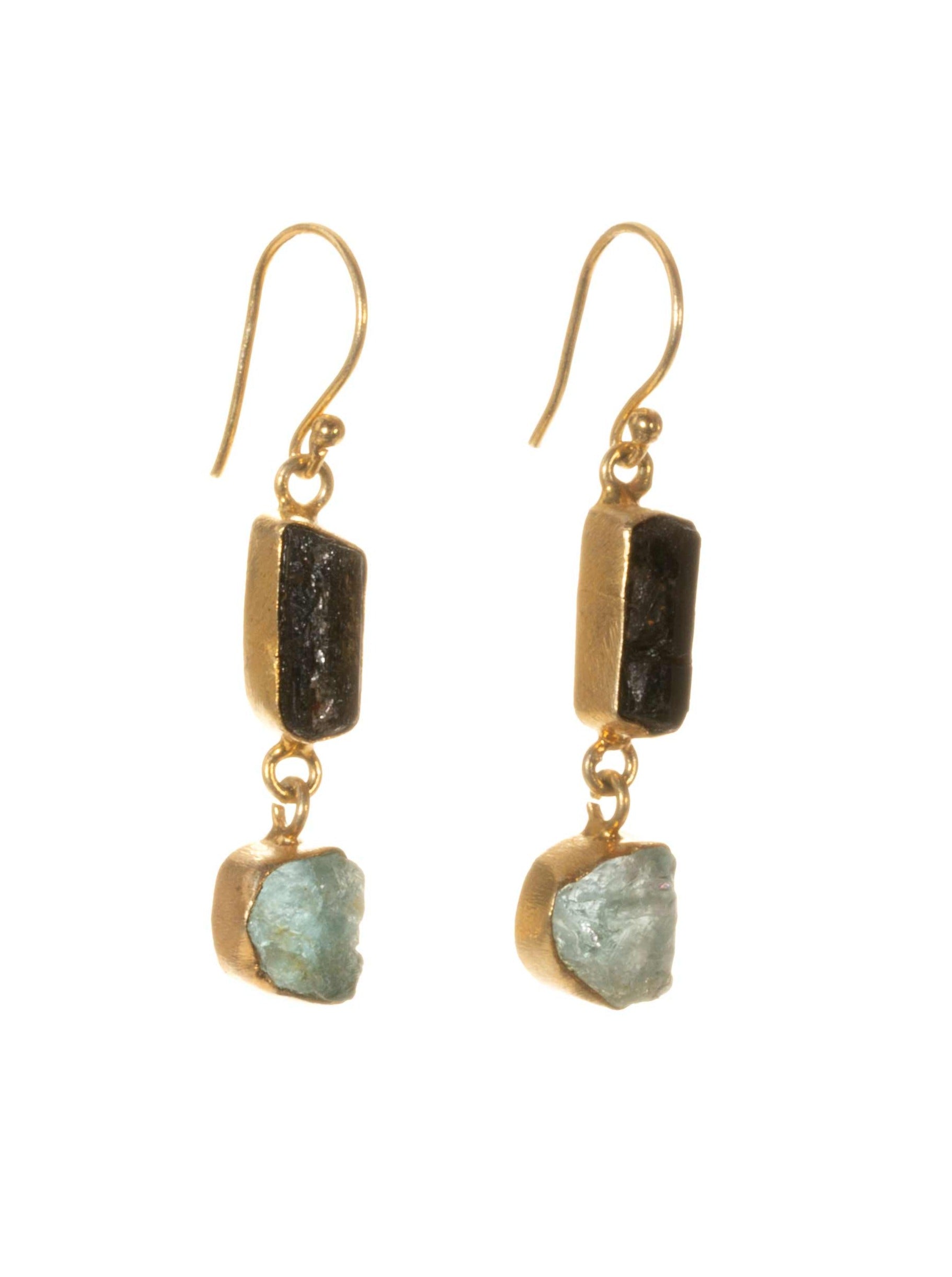 Black tourmaline and aqua marine gold earrings
