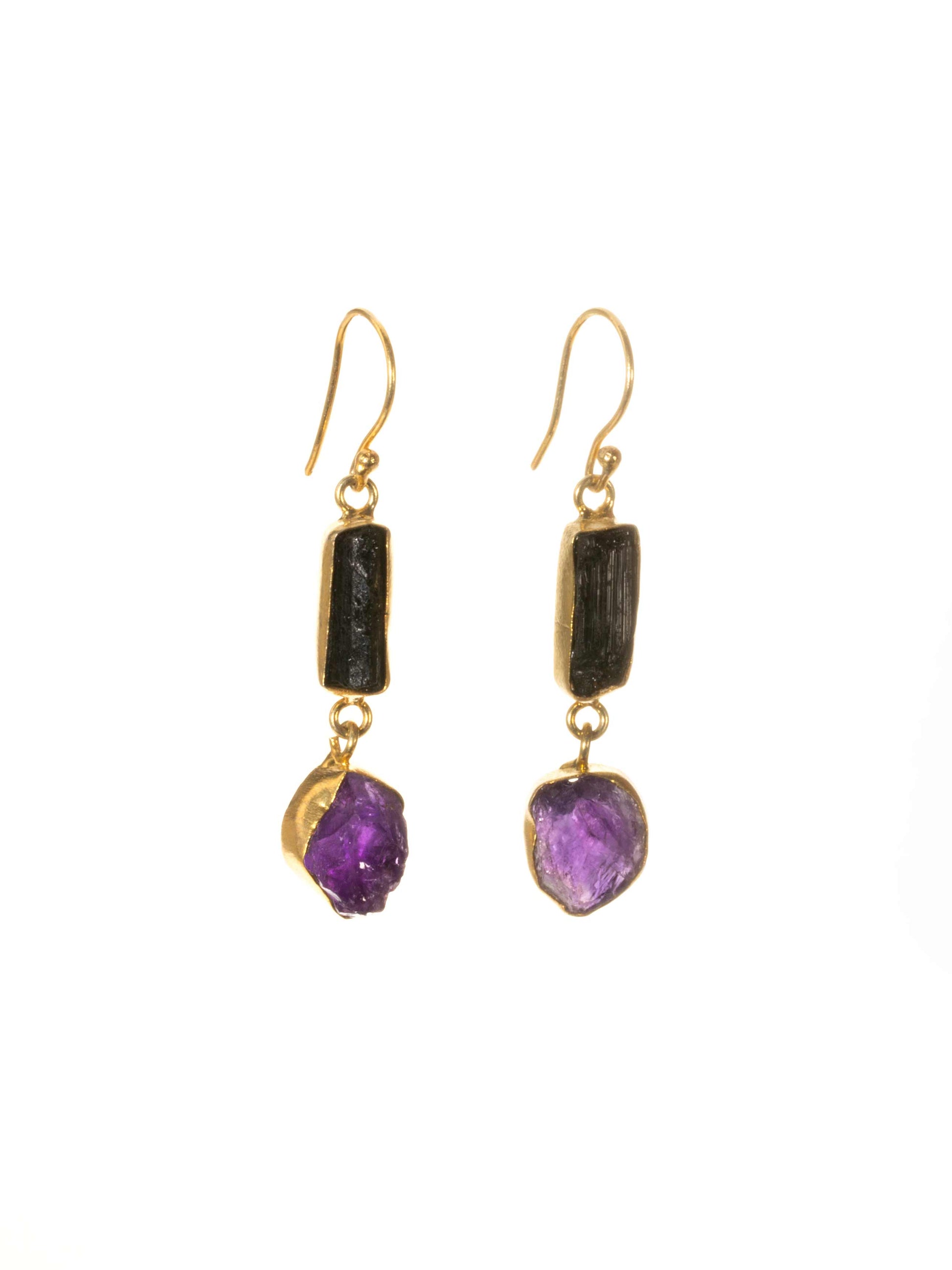 Gold Luxe earrings -black tourmaline and amethyst drop dangles