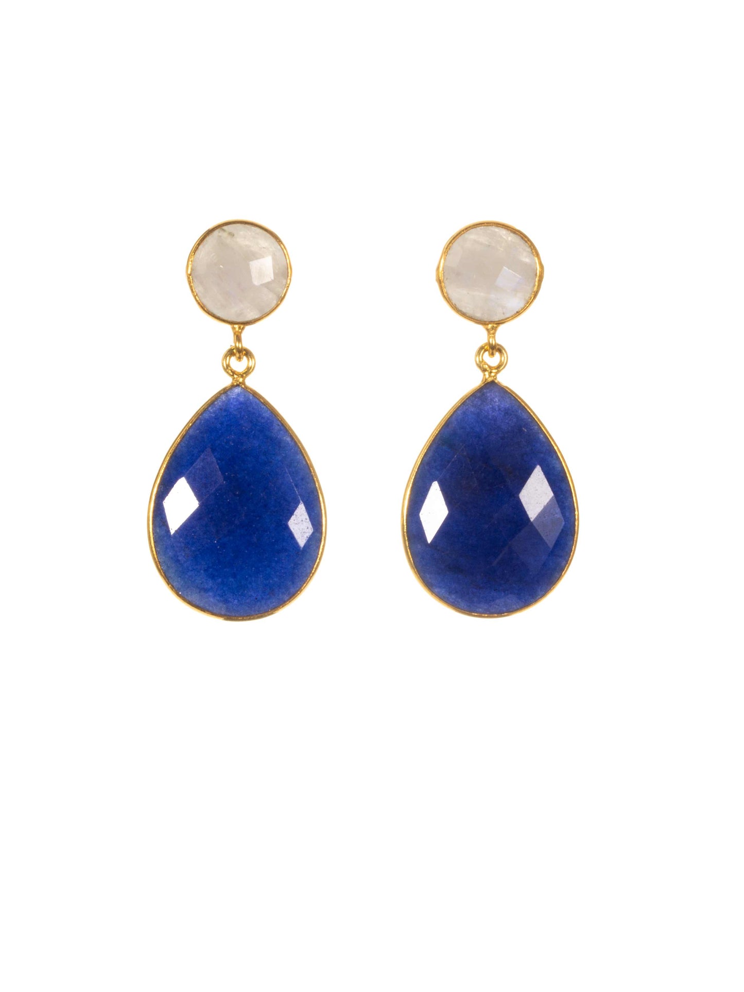 Gold luxe statement earrings blue drops with rainbow moonstone