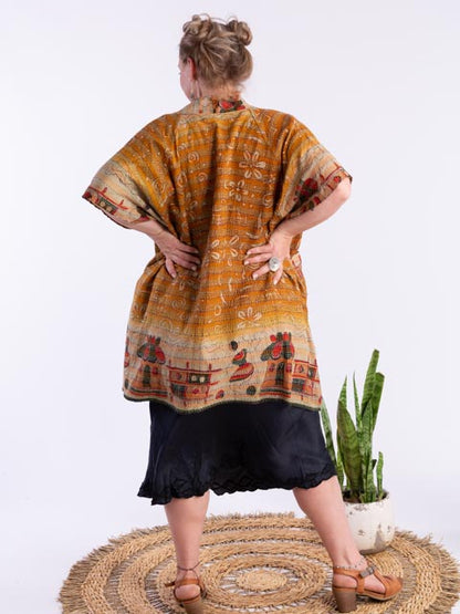 Kimono - silk reversible featuring hand stitching and pockets - village life