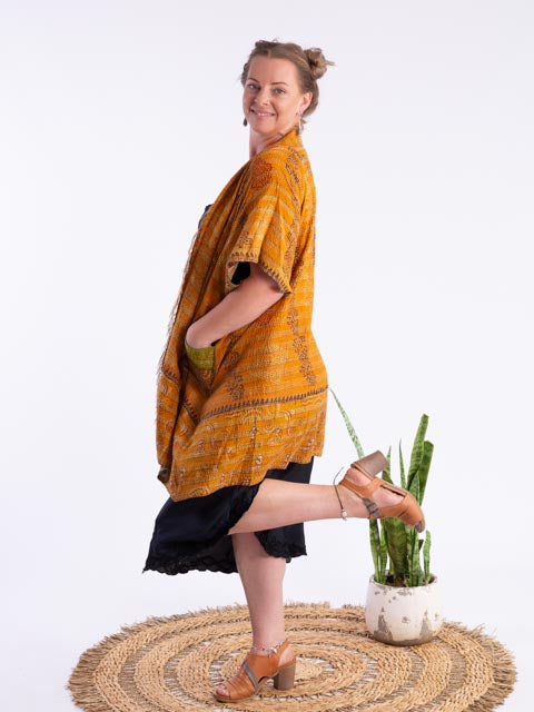 Kimono - silk reversible featuring hand stitching and pockets - village scene 2