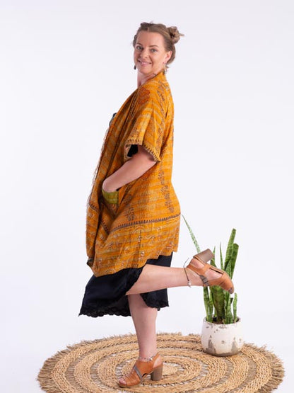 Kimono - silk reversible featuring hand stitching and pockets - village life