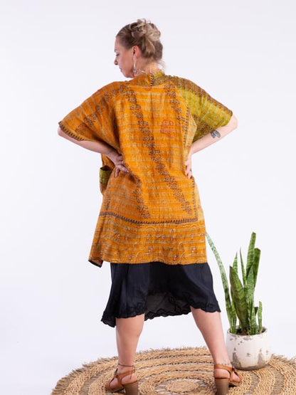 Kimono - silk reversible featuring hand stitching and pockets - village life