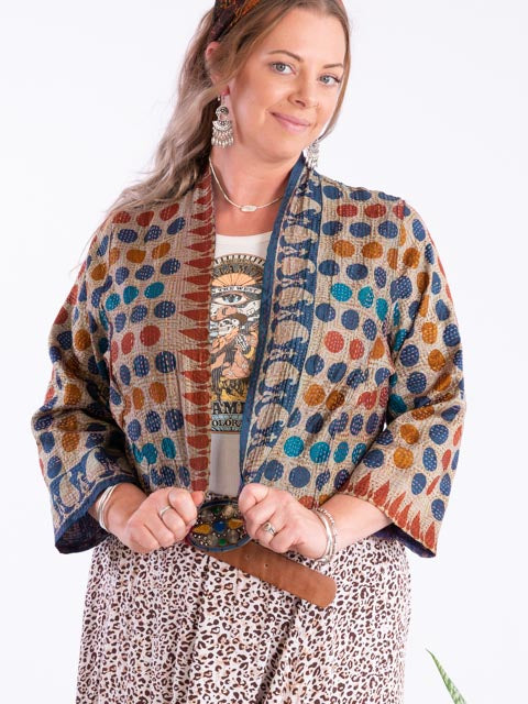 Woman wearing boho outfit silver cocoonz kantha jacket with polka dots