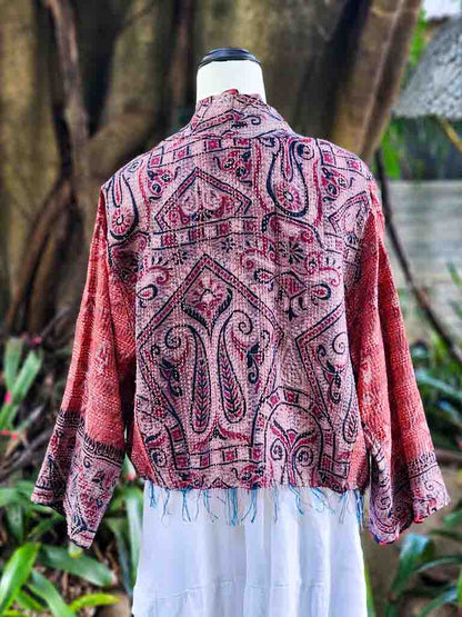 Reversible hand stitched boho silk jacket. Cropped with fringing, 3/4 sleeve & patch pockets