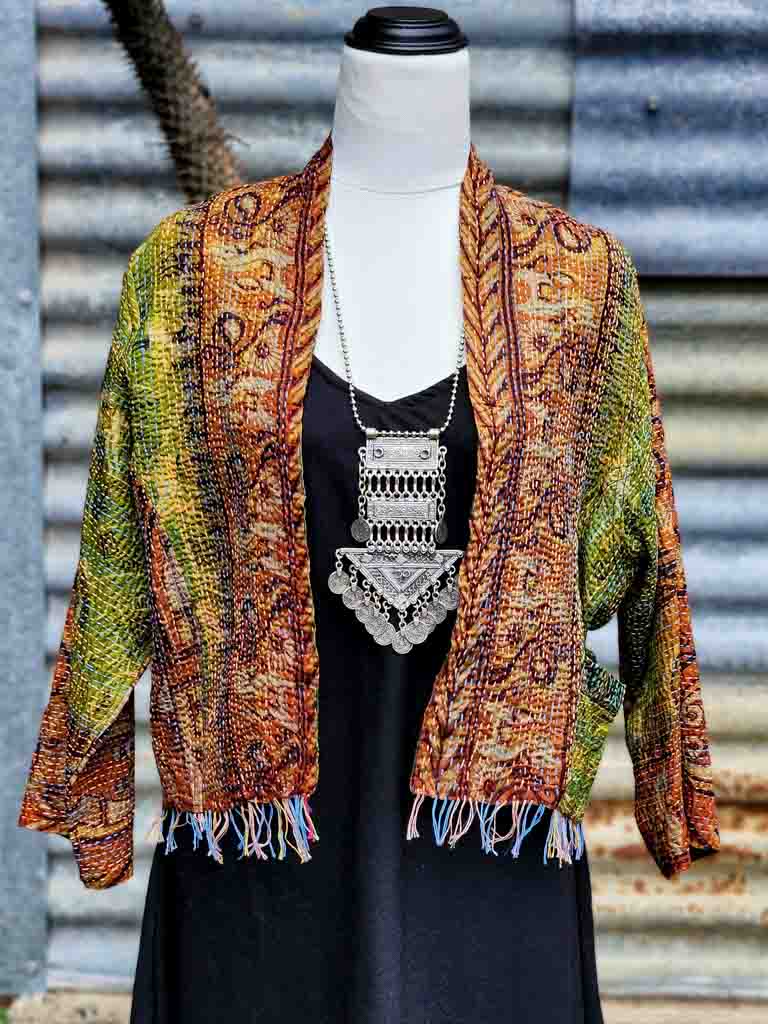 Reversible hand stitched boho silk jacket. Cropped with fringing, 3/4 sleeve & patch pockets