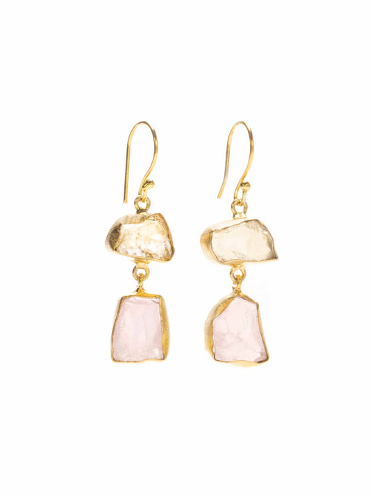 Gold Luxe earrings - citrine and rose quartz double drop dangles