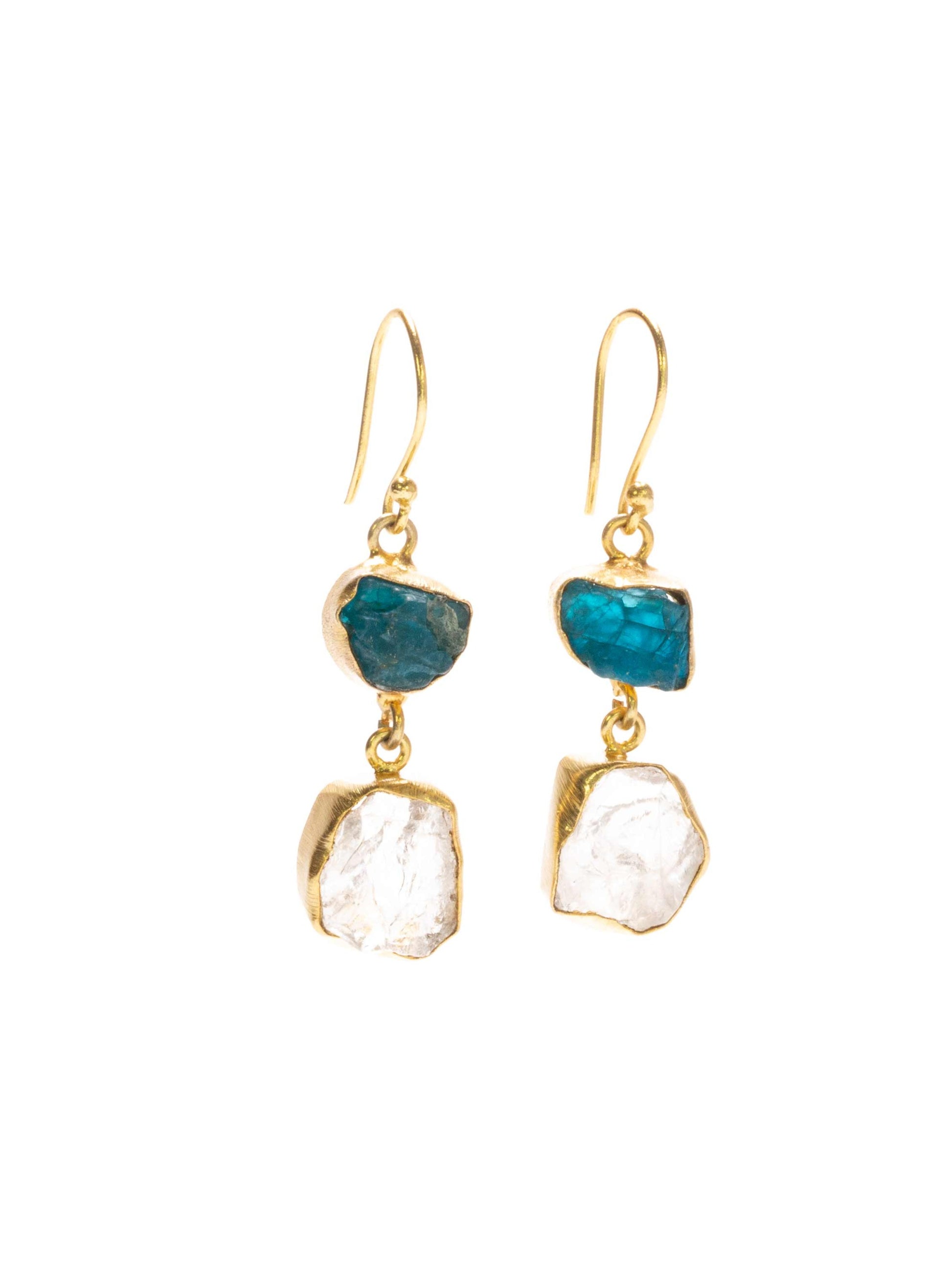 Gold Luxe earrings - neon apatite and clear quartz double drop dangles