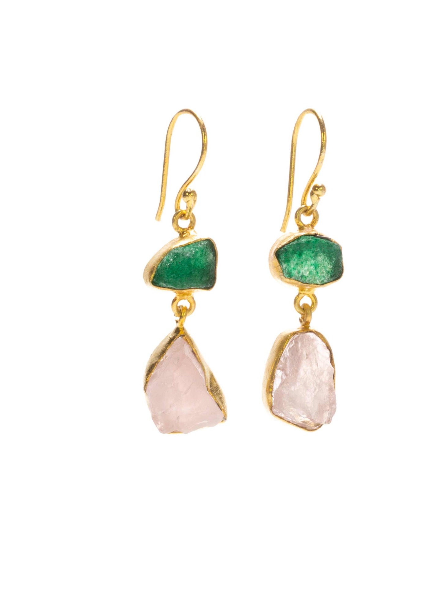 Gold Luxe earrings - aventurine and rose quartz double drop dangles