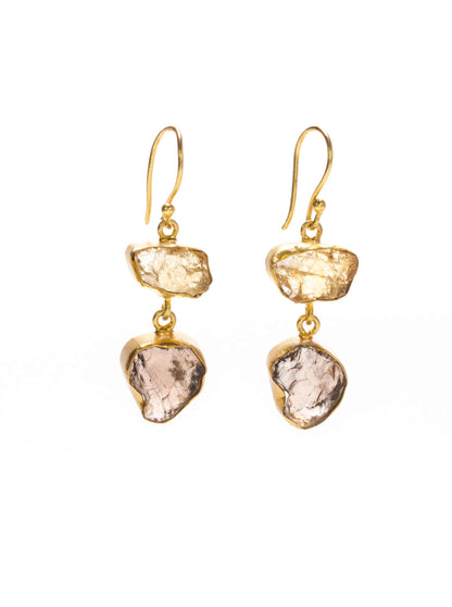 Citrine and smokey quartz gold earrings