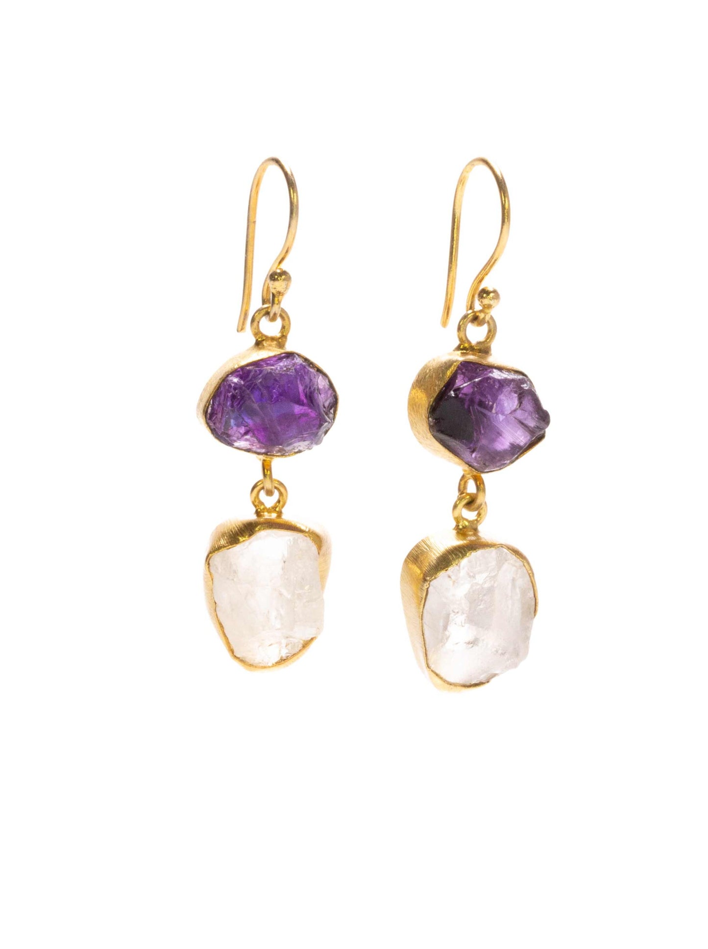 Amethyst and quartz gold drop earrings