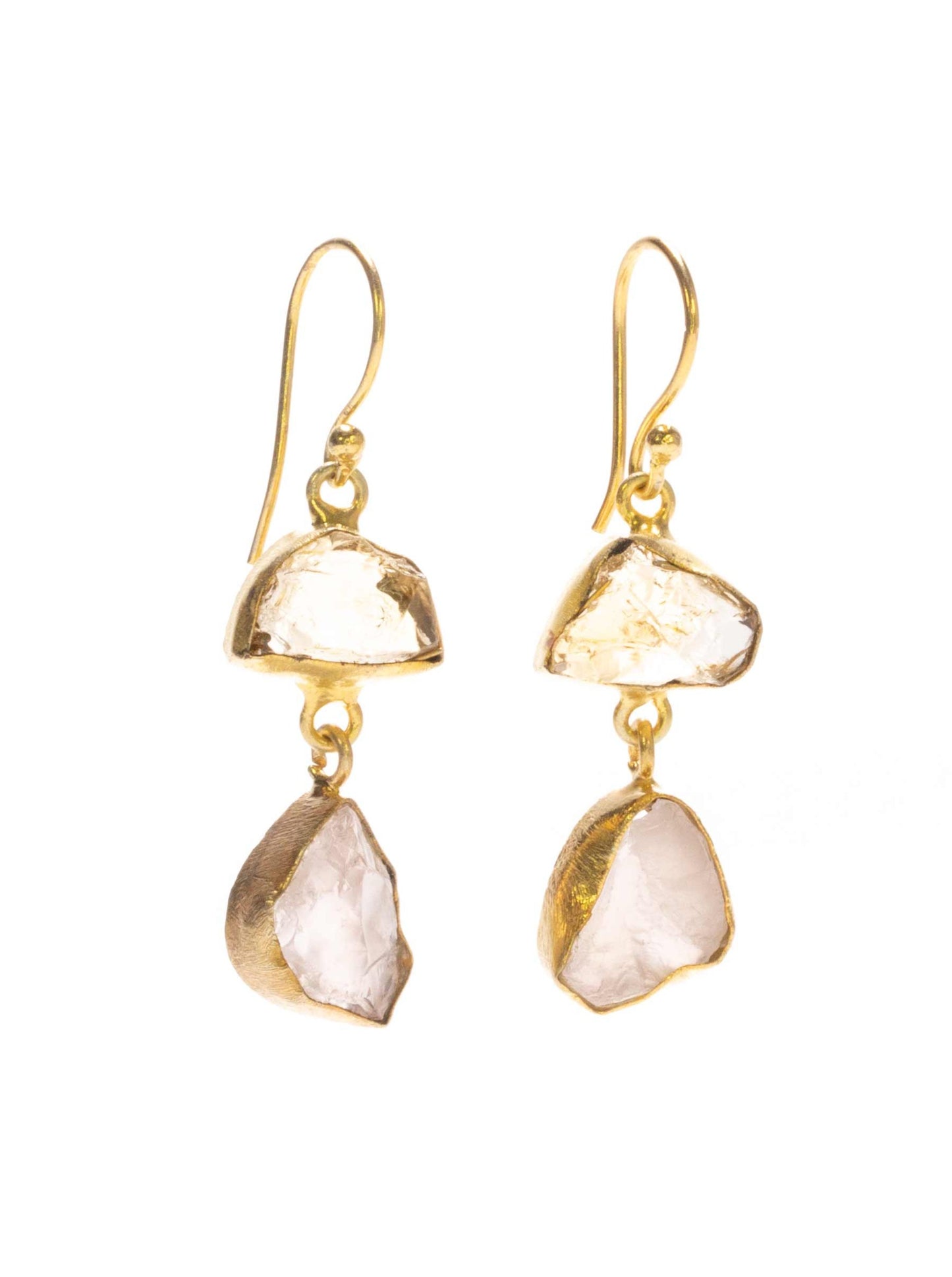 Gold Luxe earrings - citrine and rose quartz double drop dangles
