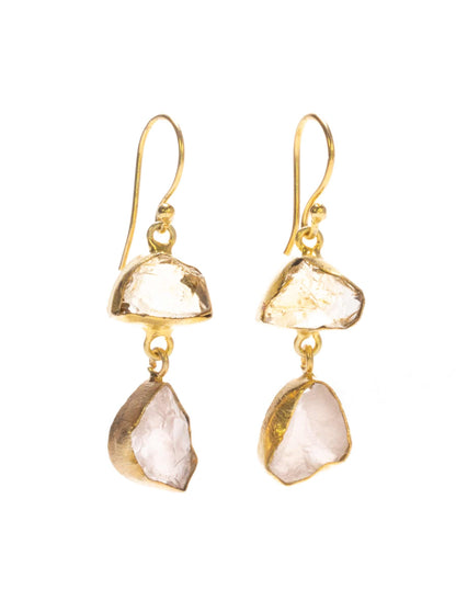 Gold Luxe earrings - citrine and rose quartz double drop dangles