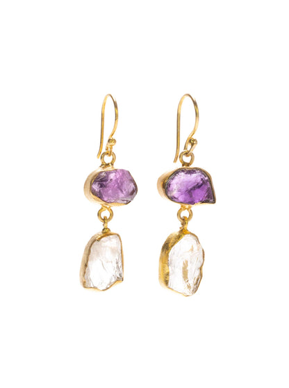 Gold Luxe earrings - Clear Quartz & amethyst double drop dangles