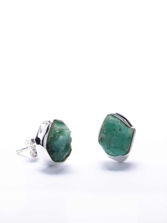 Silver Stud Earring with Raw Emerald