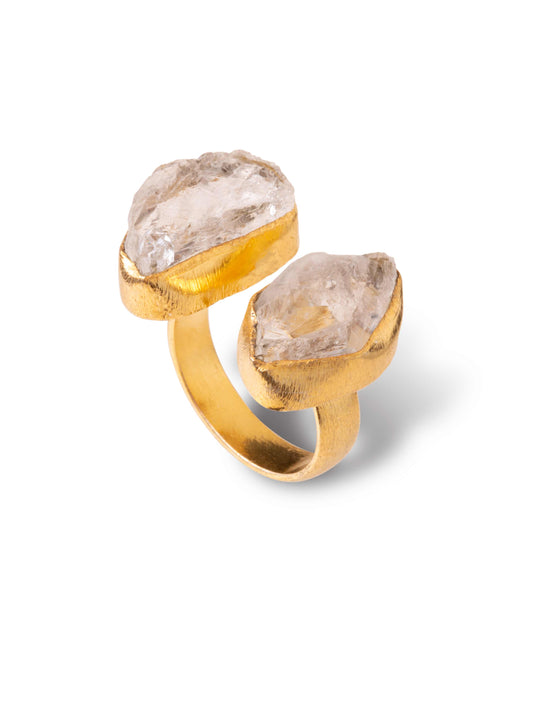 Double gem stone adjustable gold ring clear quartz
