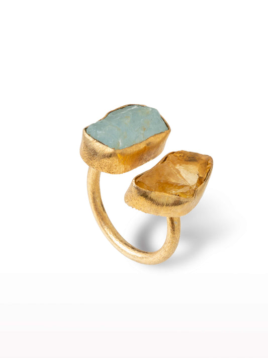 Aqua marine and citrine set in gold ring