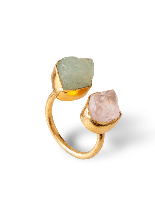 Double gem stone adjustable gold ring aquamarine and rose quartz
