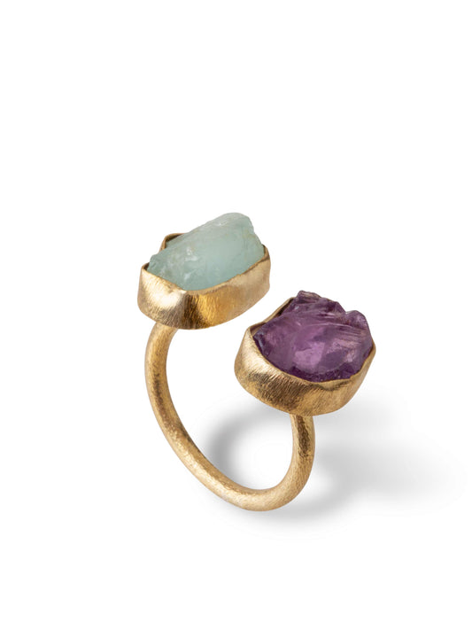 Amethyst and aquamarine set in gold ring