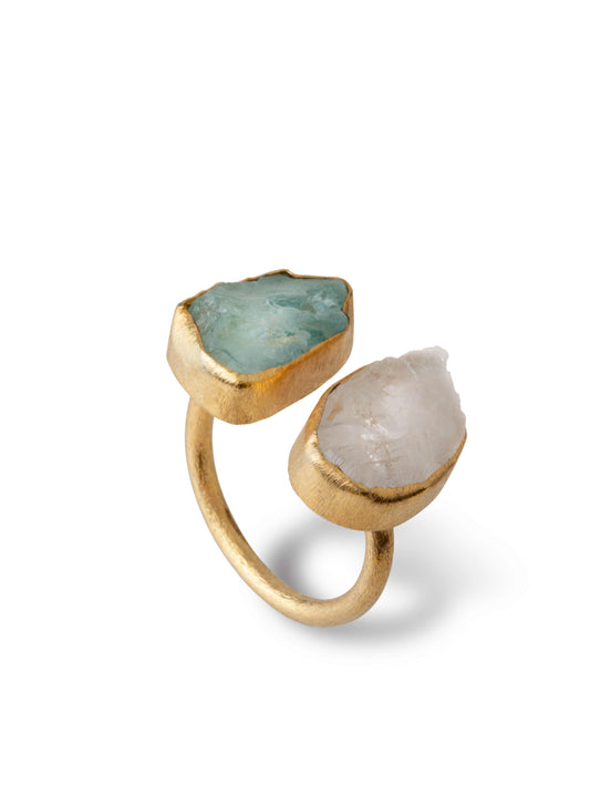 Double gem stone adjustable gold ring aquamarine and clear quartz