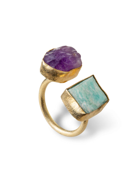 Amethyst and larimar in gold setting ring