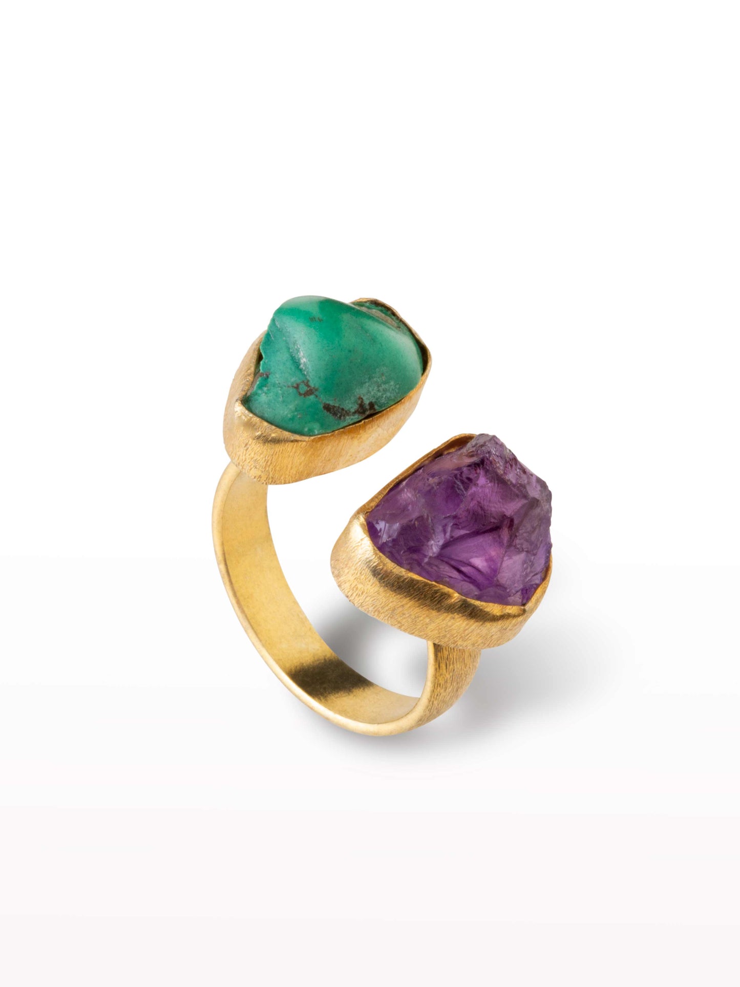 Double gemstone adjustable gold ring turquoise and amethyst