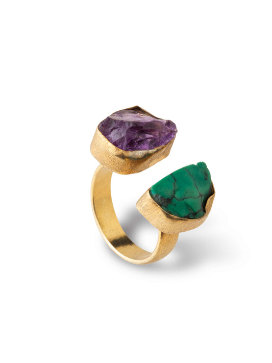 Turquoise and amethyst gold ring