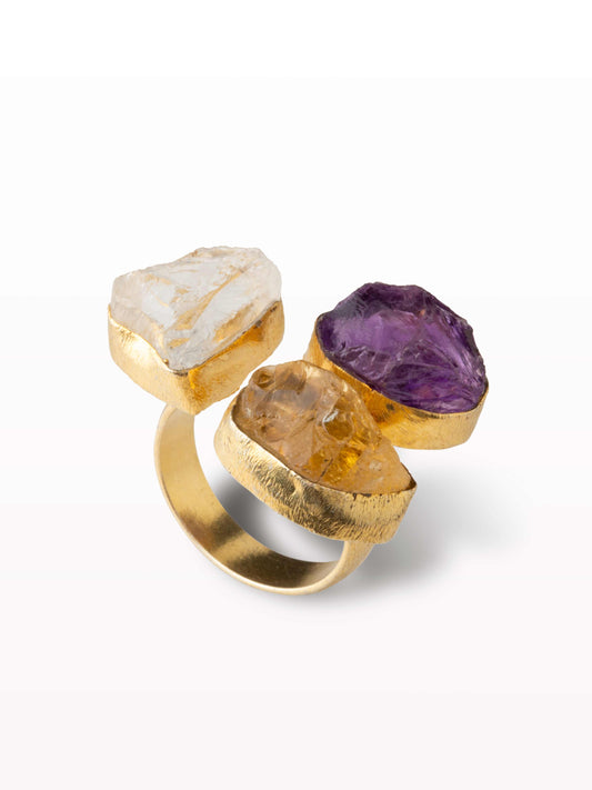 Triple set adjustable gold ring with citrine, amethyst and clear quartz