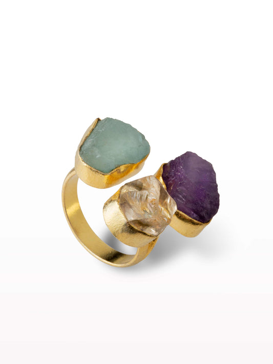 Triple set adjustable gold ring amethyst, aqua-marine and citrine