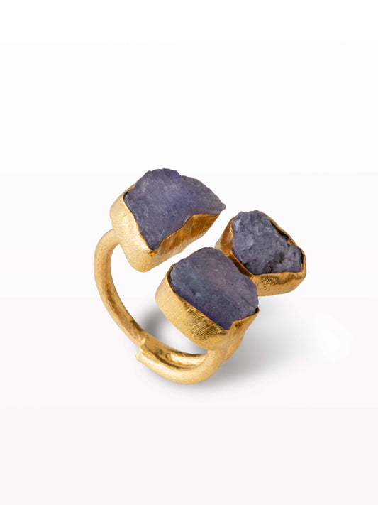 Triple set adjustable gold ring with iolite