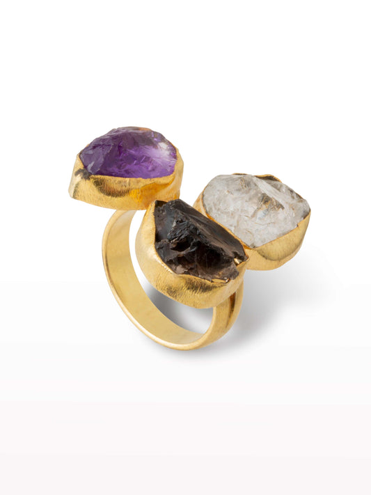 Triple set adjustable gold ring with clear quartz, amethyst, smokey quartz